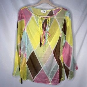 Milly Of New York Women's 8 Colorful Geometric Sheer Cotton Tie Blouse Tunic Top